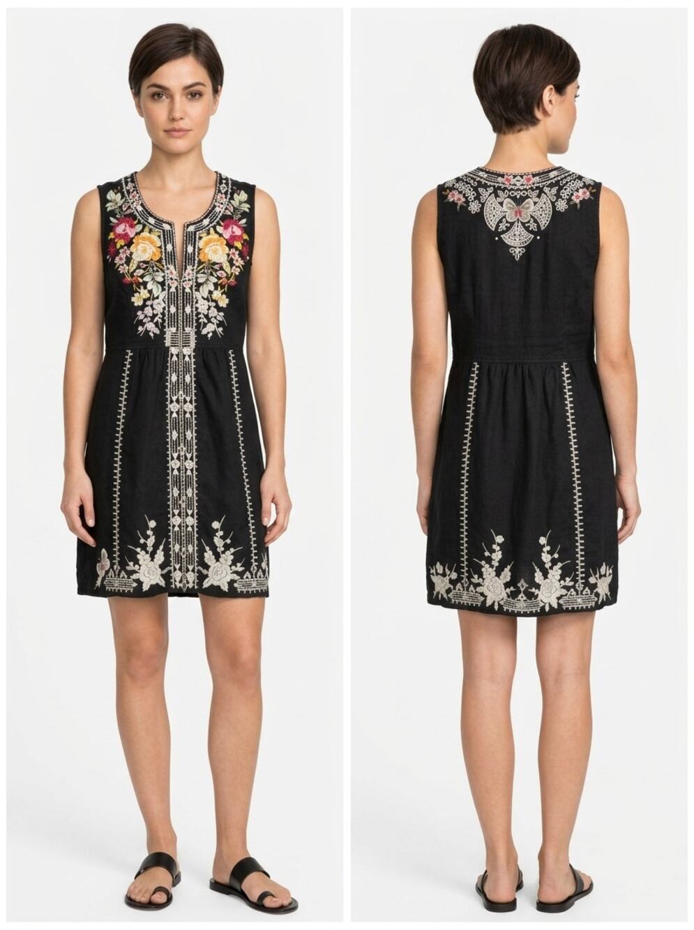 Johnny Was Linen Blend Black Mini Embroidered Shift Dress Women Size XS